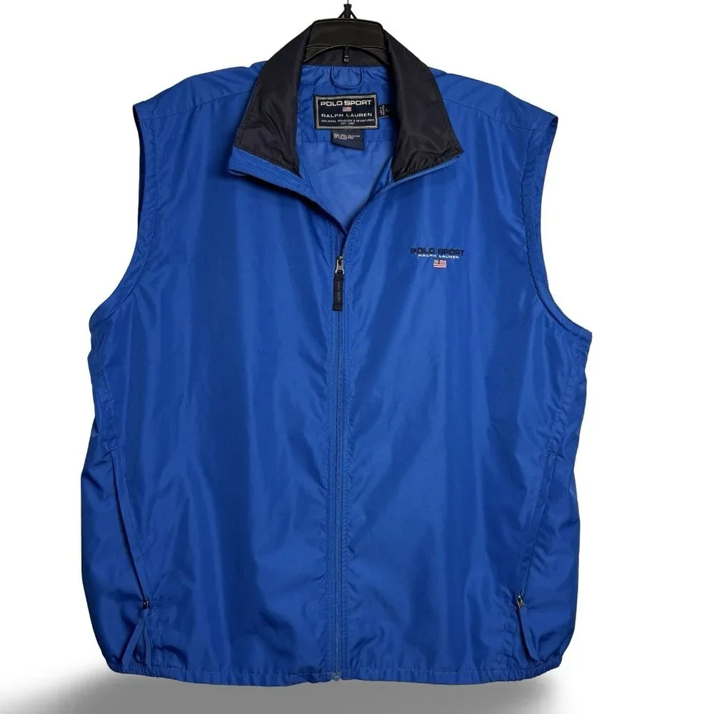 Vintage Polo Sport Ralph Lauren Vest Mens Large Blue Windbreaker USA Flag 90s‎